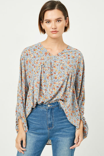 HY2305 Dusty Blue Womens Balloon Sleeve V-Neck Top Front